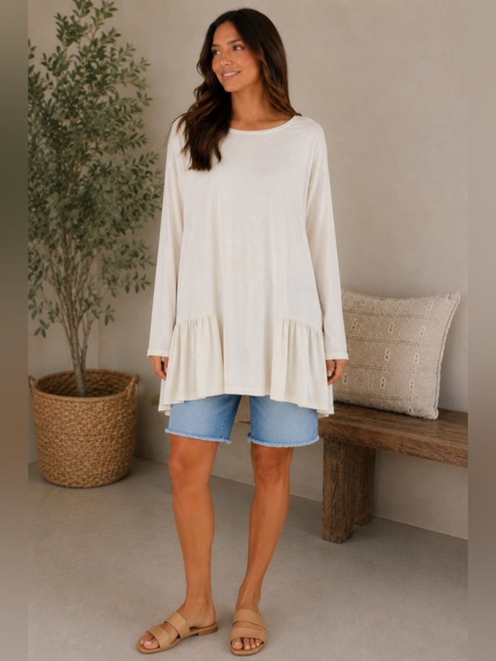 Peruvian Connection Cream Pima Cotton Peplum Tunic Long Sleeve Scoop Neck Top XL